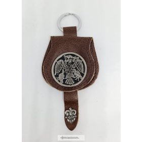 Bőr tarsolyformájú kulcstartó, rakamazi turul, barna