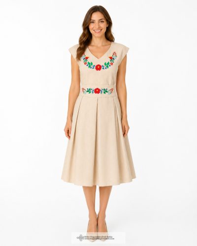 Tündérkert Embroidered Dress – Natural Occasion Dress with Colorful Kalocsa-Style Embroidery