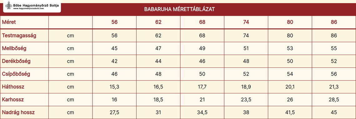 Babaruha mérettáblázat