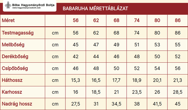 Babaruha mérettáblázat